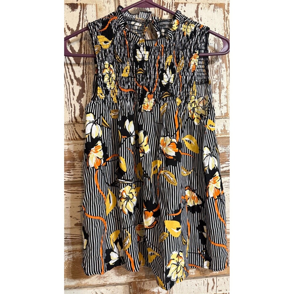 Purple Rain Boho Smocked Floral Rayon Sleeveless Top - Black Multi - Medium